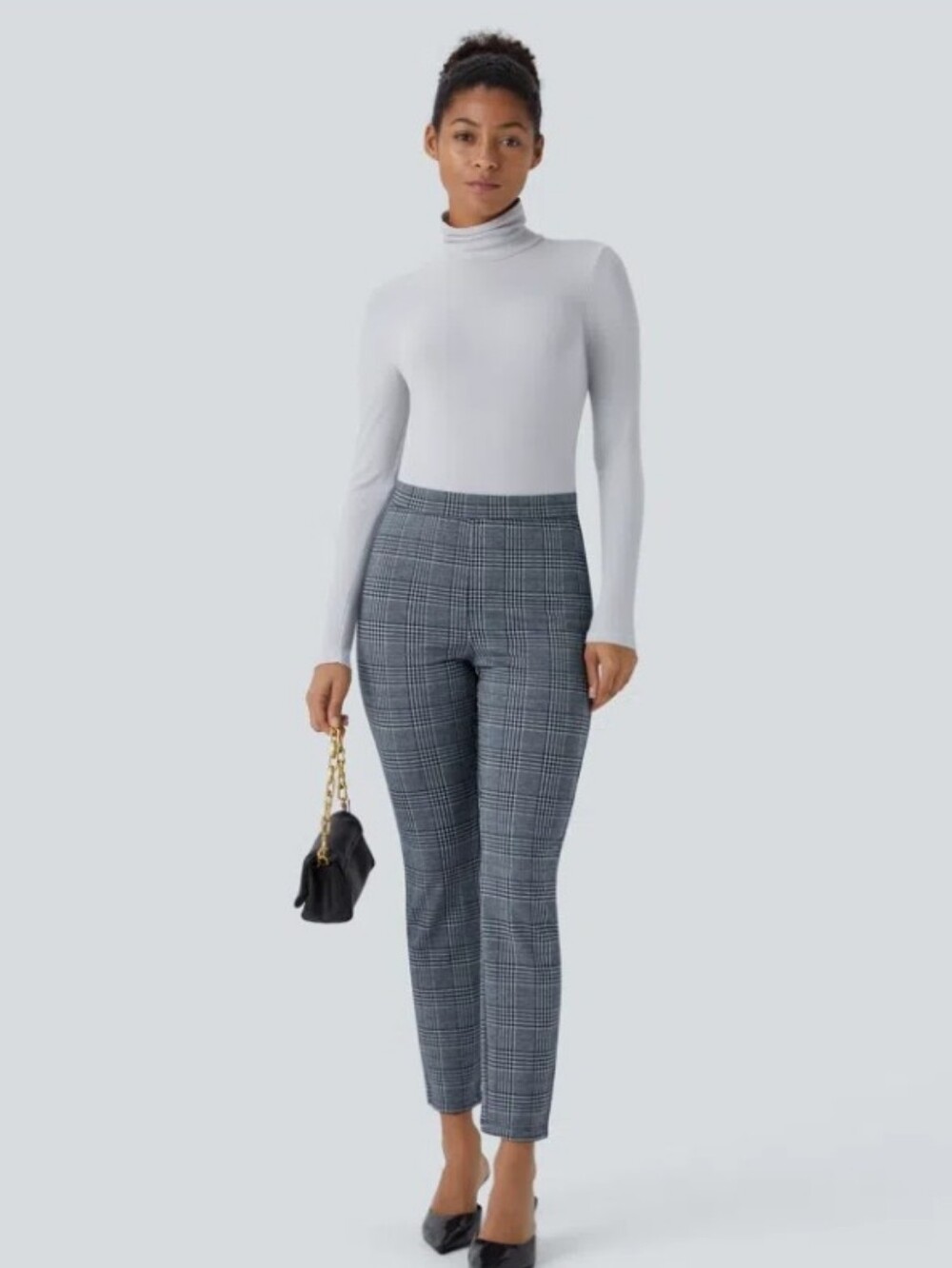 Halara Flex High Waisted Pocket Houndstooth Plaid Skinny Work Pants - Navy Blue